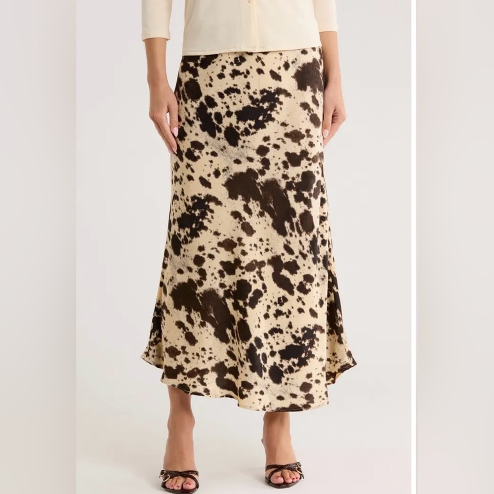 JASON WU Satin Cowhide Print Midi Skirt Elastic Waist Pull‎ On A-Line M
